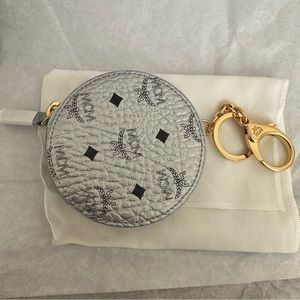 MCM Silver Black Visetos Canvas Round Coin Purse Wallet and Key Chain